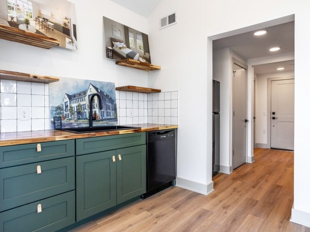 Kitchen and entrance hallway in an apartment at the Flats at East Gay