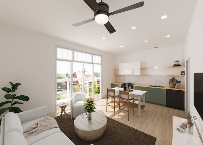 Living room and kitchen areas in apartment